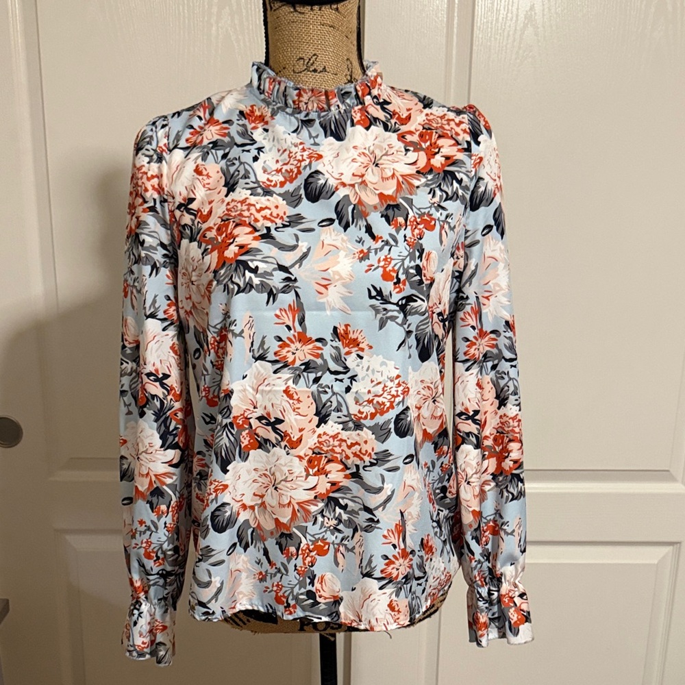 SHEIN Light Blue Floral Ruffled Mock Neck Blouse